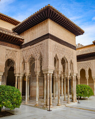 Granada, Spain - 21 Oct 2025: Islamic architecture in the Palacio de los Leones, Nasrid Palaces, Alhambra, UNESCO World Heritage Site