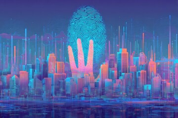 Digital cityscape overlaid with a glowing fingerprint, illustrating technology's impact