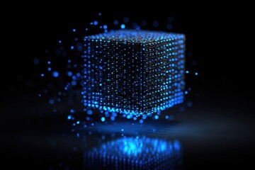 A digital cube composed of numerous blue luminous dots, floating against a dark background