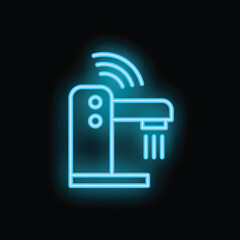 Neon icon of a smart coffee machine sending wifi signal on black background