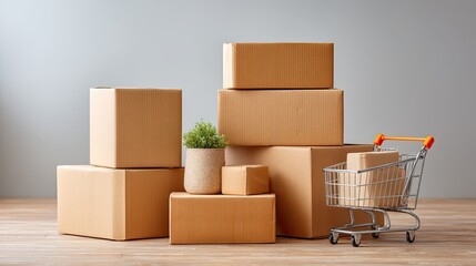 Still life of stacked cardboard boxes and a miniature shopping cart filled with a small box on a wooden surface with a potted plant accent in a studio setting