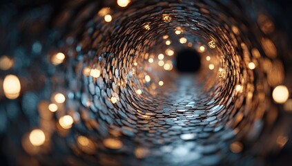Inside view of a glittering, hexagonal tunnel with softly glowing orbs and a distant black aperture