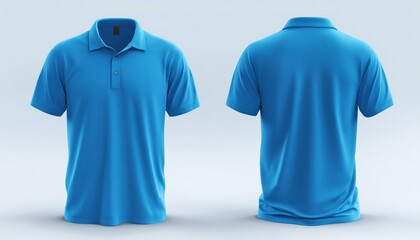 Polo Shirt Mockup Template With Front And Back View On Plain Blue T-Shirt With White Background. Perfect For Print Presentation.