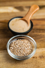 Sesame Seeds and Tahini in Small Glass Bowls