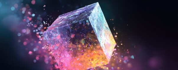 Floating, translucent cube with colorful particles exploding from it against a dark background
