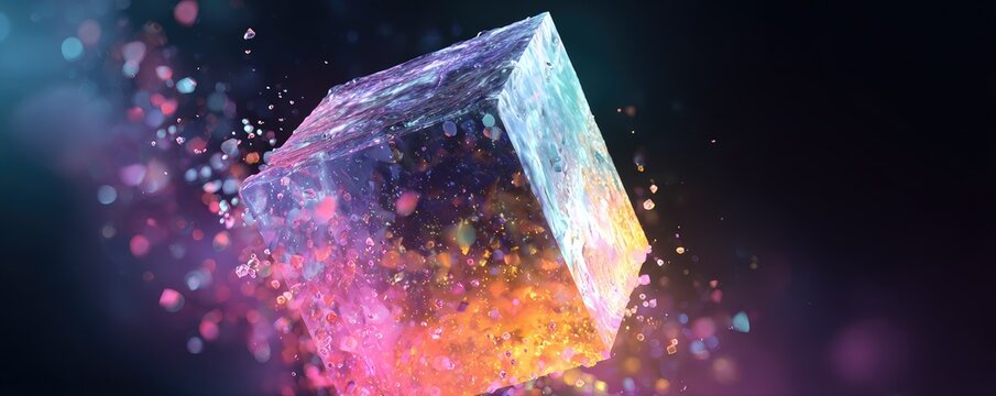 Floating, translucent cube with colorful particles exploding from it against a dark background