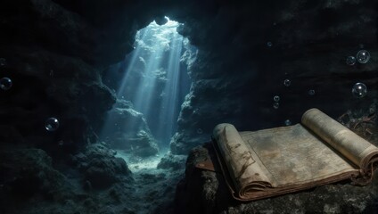 Ancient Scroll Unveiled in Sunlit Underwater Cave.