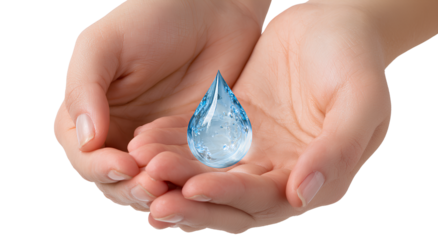  two hands gently holding and protecting a glass water droplet on a Transparent background PNG
