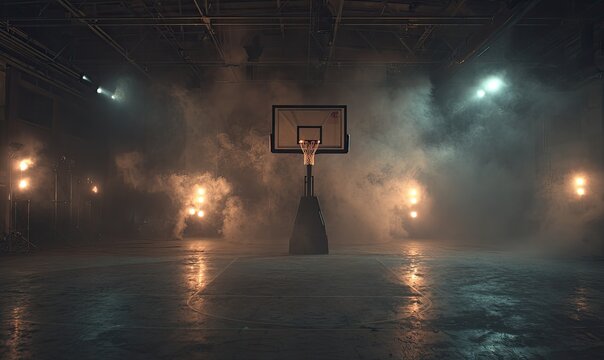 A dusky basketball court scene, hoop centered amid fog and spotlights. Low-angle perspective