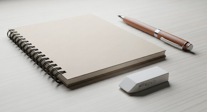 Minimalist workspace with empty sketchbook pencil and eraser.