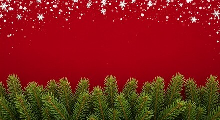 Festive christmas border with green pine branches and falling snowflakes on a vibrant red background