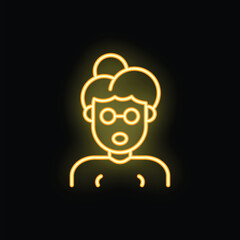 Yellow neon sign of a surprised senior woman wearing glasses on a black background