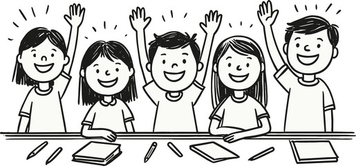 Black and white line art illustration of a smiling girl holding a book and pointing at a globe on a classroom board, symbolizing learning geography and education.