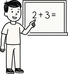 Black and white line art illustration of a smiling boy standing by a chalkboard and solving a simple math equation, representing learning and classroom education.
