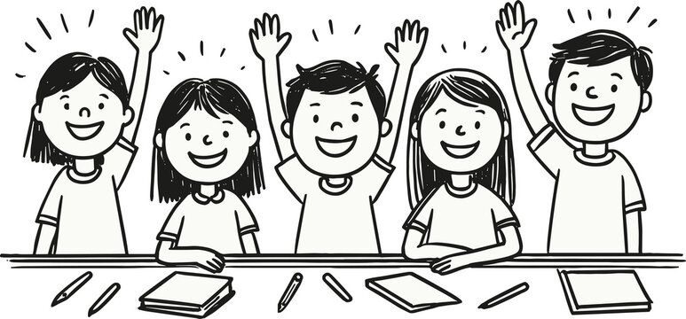 Black and white line art illustration of a smiling girl holding a book and pointing at a globe on a classroom board, symbolizing learning geography and education. - Powered by Adobe