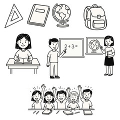 Black and white doodle illustration of children studying in classroom with teacher, books, globe, and school supplies.