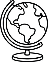  Black and white line art illustration of a classroom globe showing continents, symbolizing geography, exploration, and global education.