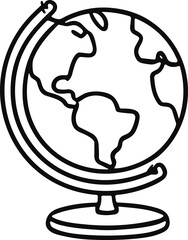 Black and white line art illustration of a classroom globe showing continents, symbolizing geography, exploration, and global education.
