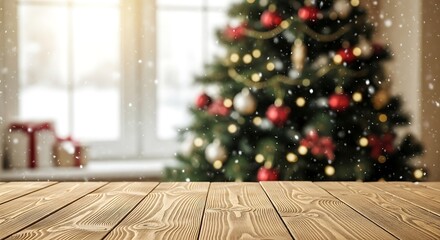 Cozy christmas scene with a decorated tree and gifts by the window, with snow falling outside
