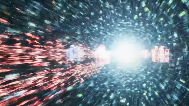 Digital santa claus in binary code sleigh with gifts on a dark background