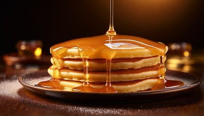 close up of pancake with golden syrup dripping