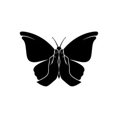 Fototapeta premium Abstract black icon of butterfly formed by symmetrical hands, creative minimalist vector design, modern artistic symbol, flat silhouette, conceptual nature art