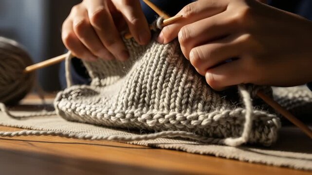 Knitting with soft wool yarn in warm sunlight &mdash; cozy handmade winter moment
