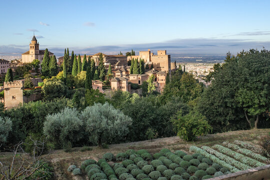 Granada, Spain - 21 Oct 2025: View to Alcazaba from The Palacio de Generalife, La Alhambra, Granada