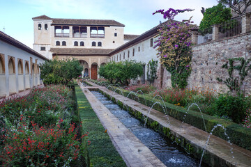 Granada, Spain - 21 Oct, 2025: Beautiful gardens in the Palacio del Generalife, Alhambra, Granada