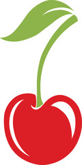 Simple Red Cherry Icon with Green Stem and Leaf - Fruit Logo Vector