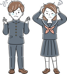 不安や悩みを抱える制服姿の男女の学生のイラスト　全身