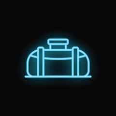 Neon blue travel bag icon is glowing against a black background
