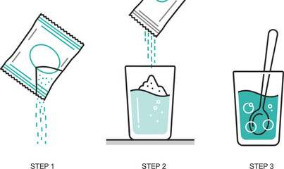 Powdered Drink Preparation Steps – Pouring Mix into Water, Dissolving with Foam, and Stirring with Spoon Instructional Vector Illustration