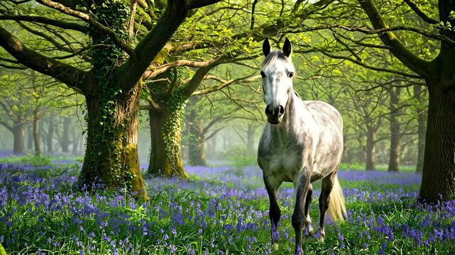 Majestic Grey Horse Standing Gracefully in a Verdant Forest Clearing Surrounded by Vibrant Bluebell Flowers and Lush Green Trees on a Serene Spring Morning