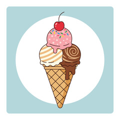 Colorful Ice Cream Cone with Three Scoops and Cherry – Sweet Dessert Vector Illustration

