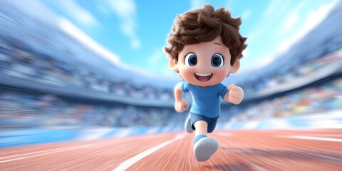 Happy Child Running on Track in Bright Sports Stadium Background