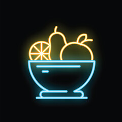 Glowing neon sign depicting a bowl of fruit, including an apple, pear, and orange slice, against a black background