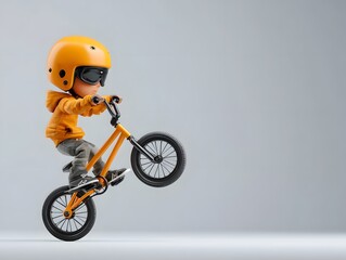 Young Boy Performing a Bike Trick with Helmet and Orange Jacket