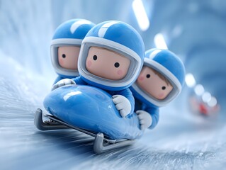 Cheerful Cartoon Characters Racing Down Icy Bobsled Track
