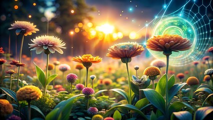Vibrant floral meadow with glowing tech, nature meets future