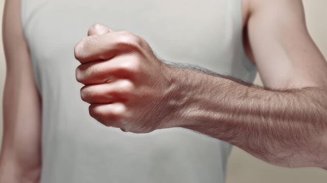 Male hand reaching forward with visible veins and hair hand with clenched fist, forearm hair, skin texture tense gesture stubbled outstretched hand