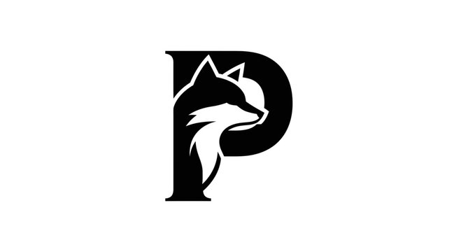 Fox head integrated with letter P black logo flat illustration