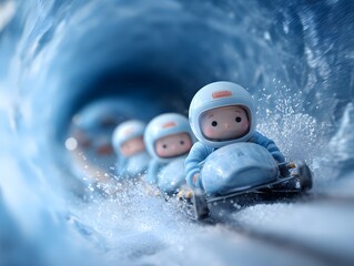 Playful Miniature Figures Racing in a Fun Blue Water Slide Adventure
