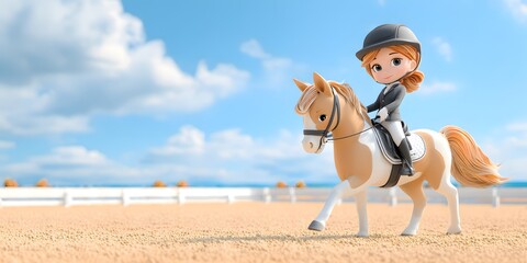 Young Equestrian Girl Riding Horse at Sunny Equestrian Arena