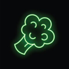 Green neon sign showing a broccoli vegetable on a black background, simple icon for bars, restaurants or grocery stores