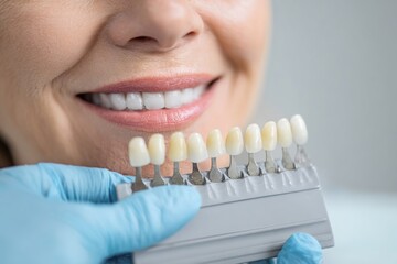 Smiling woman with bright teeth is comparing dental shade guide for cosmetic dentistry, showcasing dental health and aesthetic choices in a clinical environment