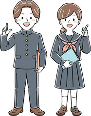 笑顔で人差し指を立てて説明する制服姿の男女の学生のイラスト　全身	