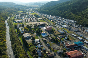 Aerial View of Otoineppu Village, Hokkaido – Rural Town and River Landscape