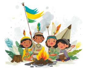 Cartoon Native Children Around Campfire