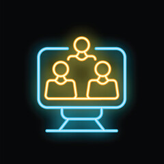Neon glowing icon of three people having an online meeting using a computer